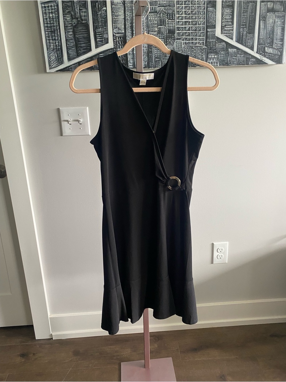 Michael Kors Sleeveless V Neck Black Wrap Dress with Ring Detail Small